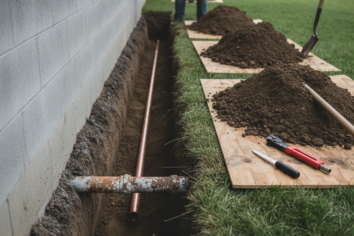 Excavated water line trench during Water Heater Repair in Wantagh